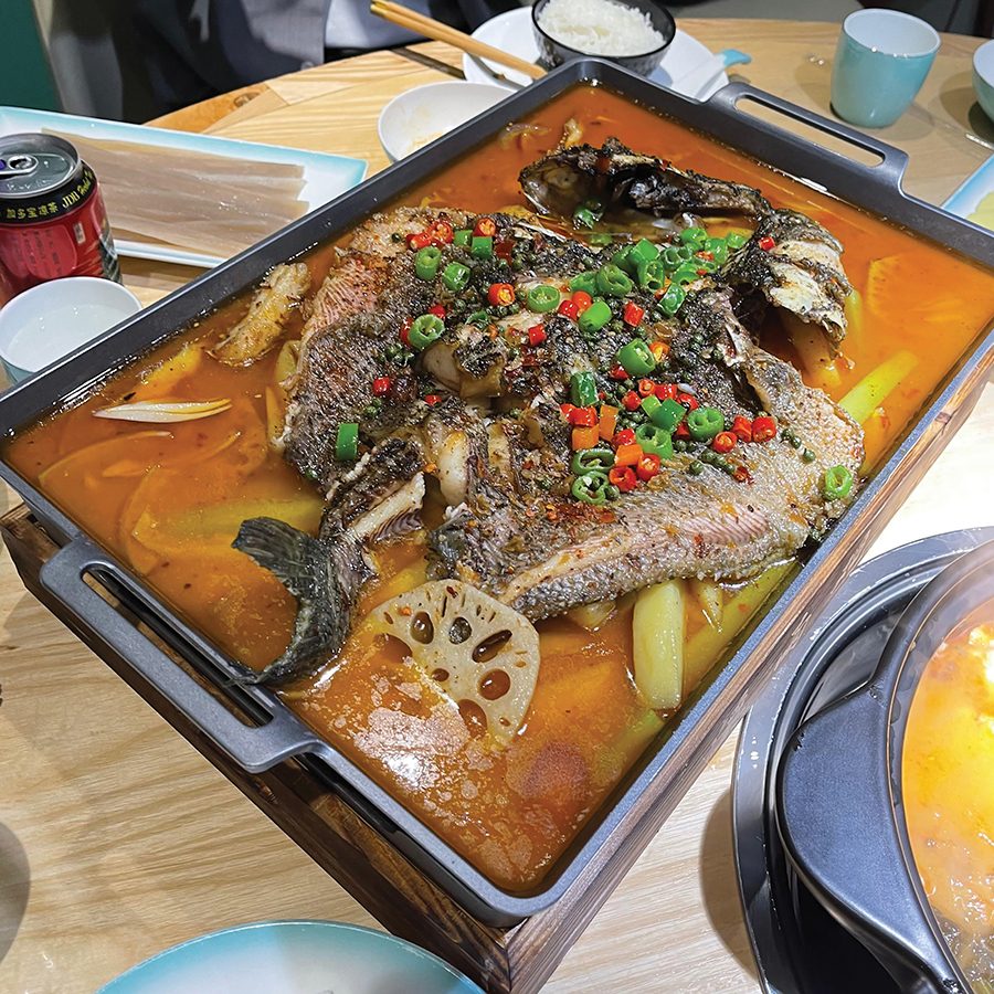 A dish of grilled fish in chilli sauce at a restaurant on Kuanzhai Alley.